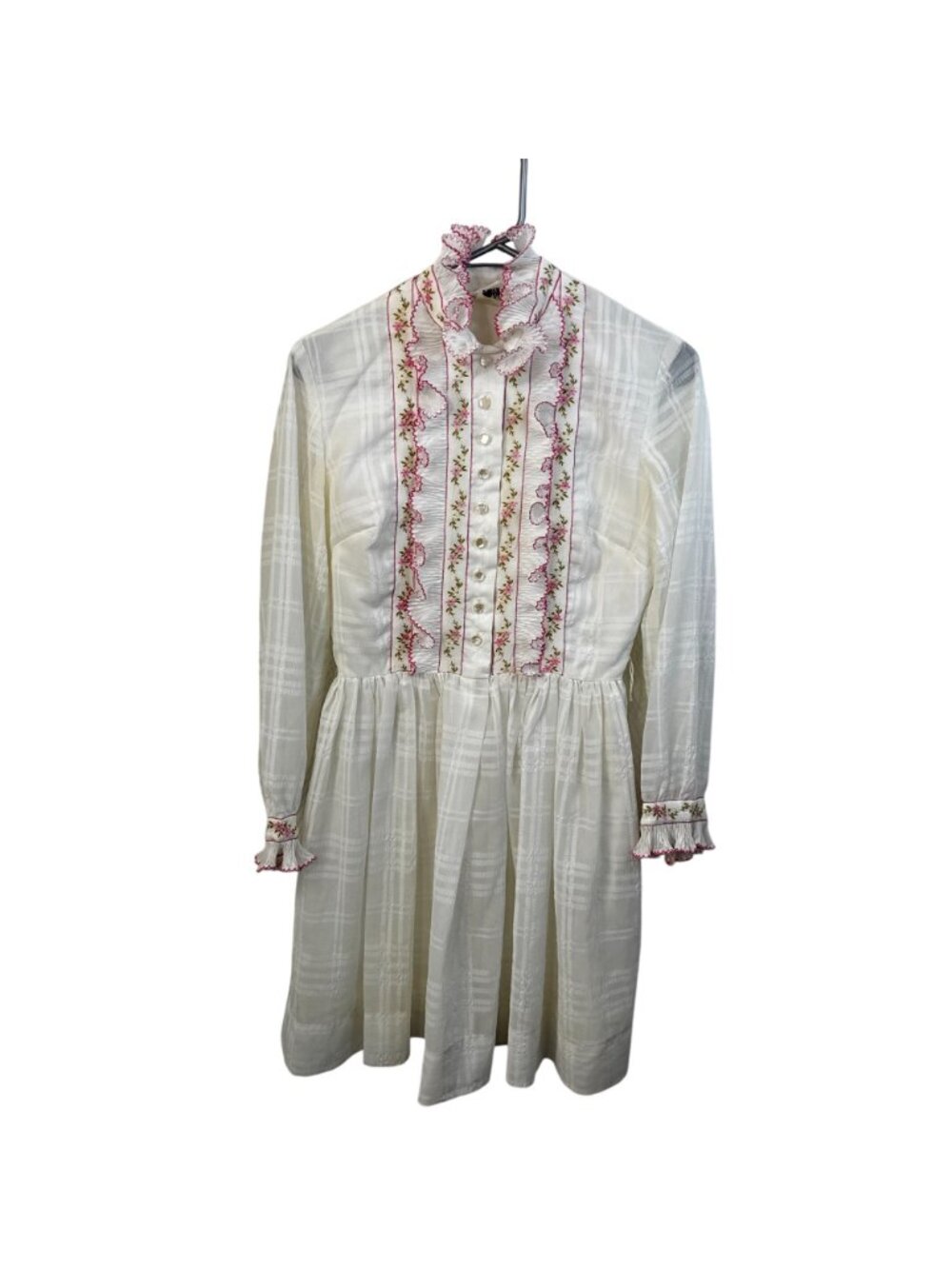 Vintage Jo-Mor St. Louis White Dress With Pink Floral Embroidery Ruffle Details - Picture 2 of 10